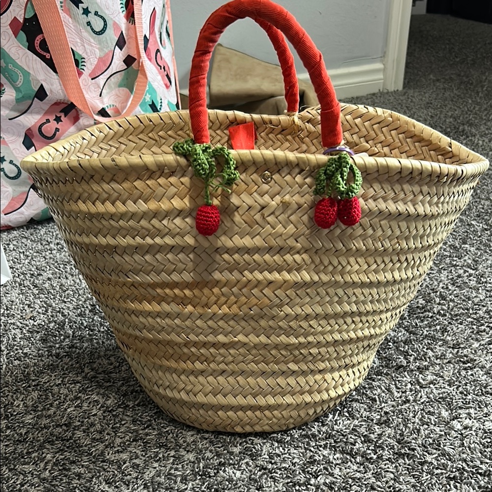 Straw Tote Bag with Red Handles